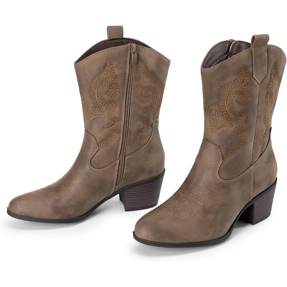 ⚡Women's Camel Mid Calf Cowgirl Boots With Embroidery Round Toe Western - Picture 3 of 7